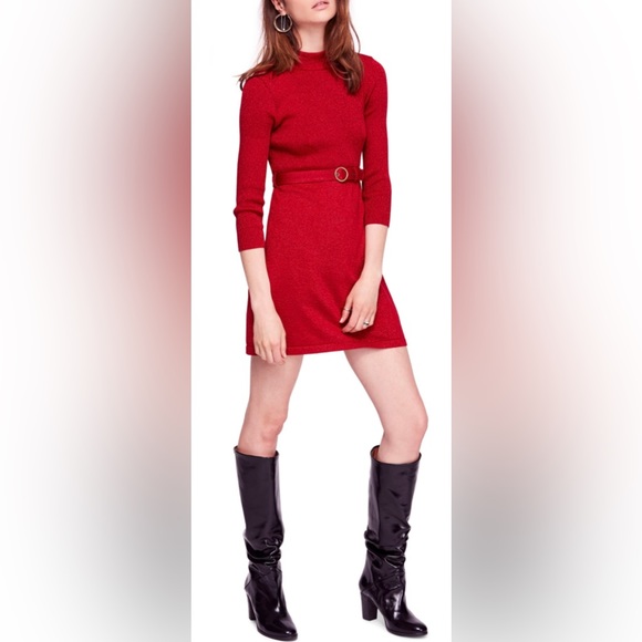 Free People Long Sleeve French Girl Ribbed Knit Mock Neck Mini Dress Sparkle Red - Picture 5 of 11